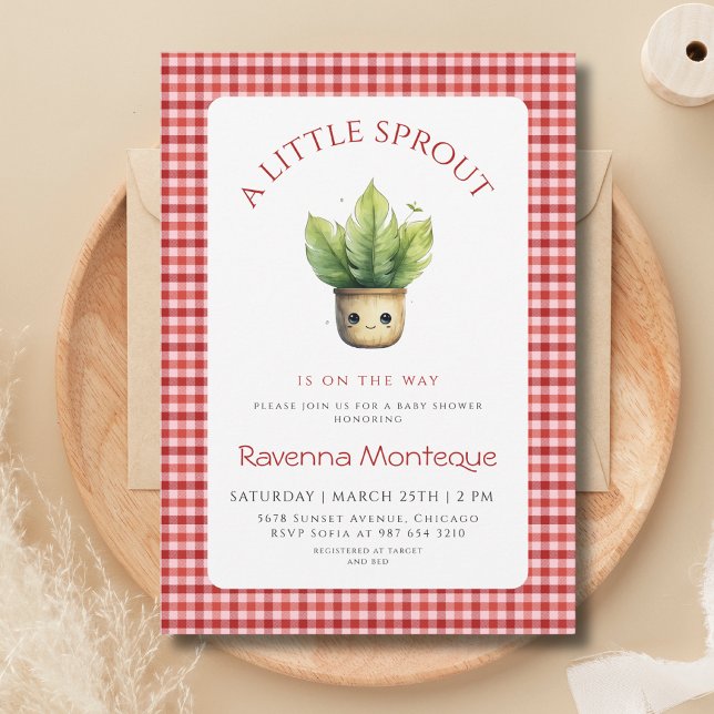 En liten grodd växt röd Gingham Baby Shower Inbjudningar (Skapare uppladdad)