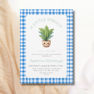 En liten grodda planterar baby shower i blå gingha inbjudningar