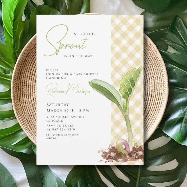 En liten groddplanta Gul Gingham Baby Shower Inbjudningar (Skapare uppladdad)