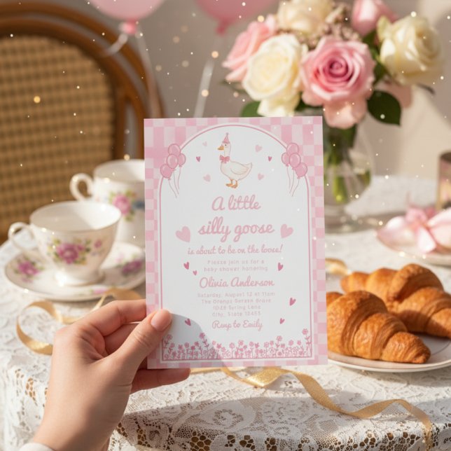 en liten hjärtans rosa gås gingham blommig flicka inbjudningar (Skapare uppladdad)