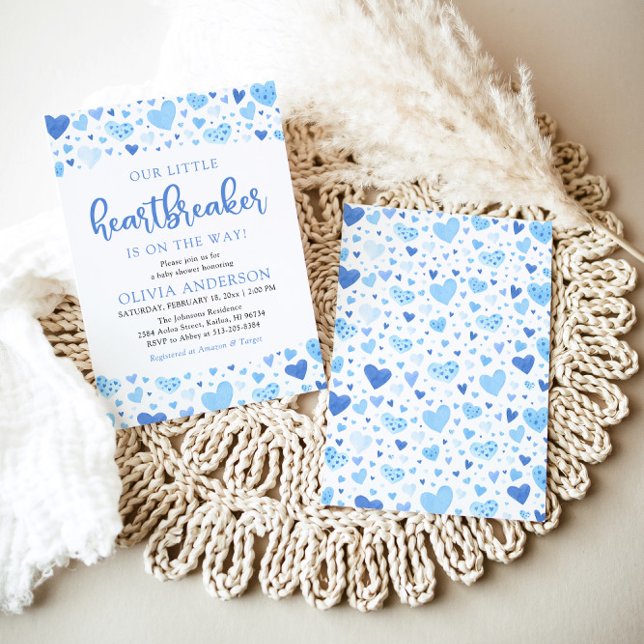 En liten hjärtsbrytare Blue Valentine Baby Shower Inbjudningar (Watercolor Cute A Little Heartbreaker Blue Hearts Baby Boy Valentine Baby Shower Invitation)