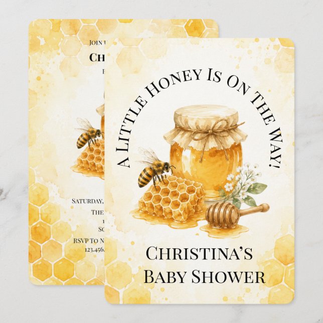 En Liten Honung Är På Väg Bee Bebis Shower Inbjudningar (Fram/baksida)