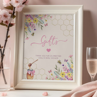 En liten honungsbi rosa blommig baby shower-presen poster