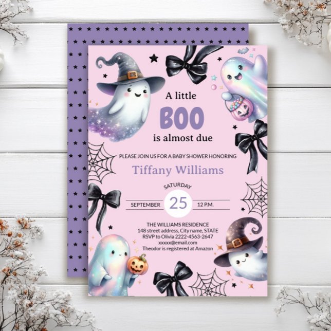 En liten inbjudan till babybabyn | Cute Ghost (A little BOO is almost due — pastel ghost baby shower invite in pink and purple tones)