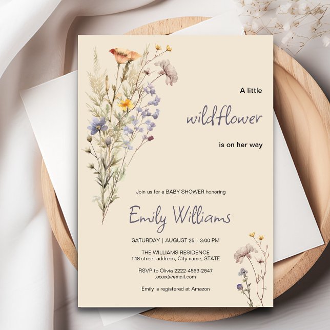 En liten inbjudan till babydusch för en liten vild (A little wildflower elegant rustic boho watercolor baby shower invitation, baby in bloom)
