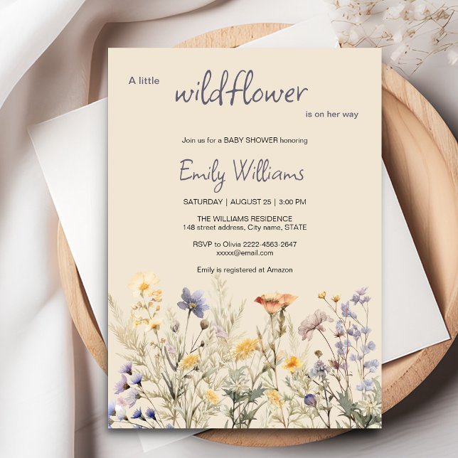 En liten inbjudan till babydusch för en liten vild (A little wildflower elegant rustic boho watercolor baby shower invitation, baby in bloom)