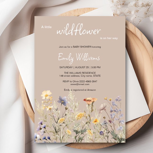 En liten inbjudan till babydusch för en liten vild (A little wildflower elegant rustic boho watercolor baby shower invitation, baby in bloom)