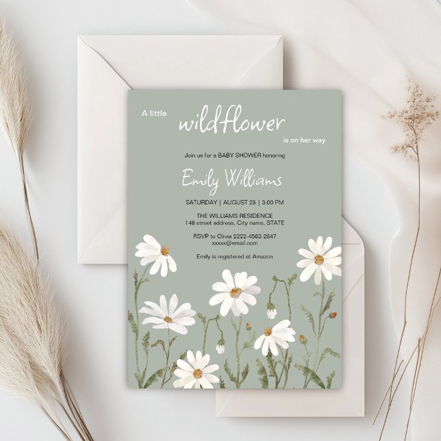 En liten inbjudan till babydusch på daisyn för vil (Daisy wildflower watercolor baby in bloom floral shower invitation in sage colors, rustic, boho)