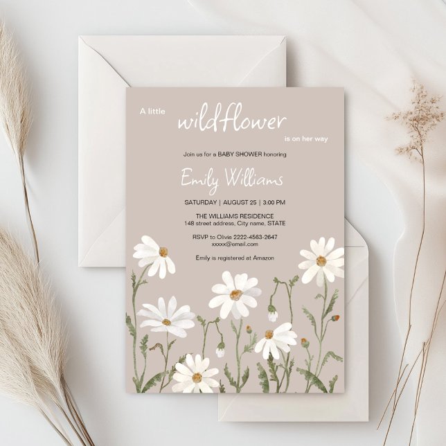En liten inbjudan till babydusch på daisyn för vil (Daisy wildflower watercolor baby in bloom floral shower invitation in beige colors, rustic, boho)