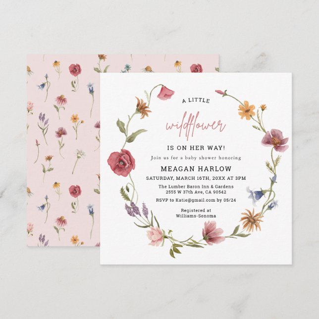 En liten inbjudan till Wildblomma Baby Shower (Fram/baksida)