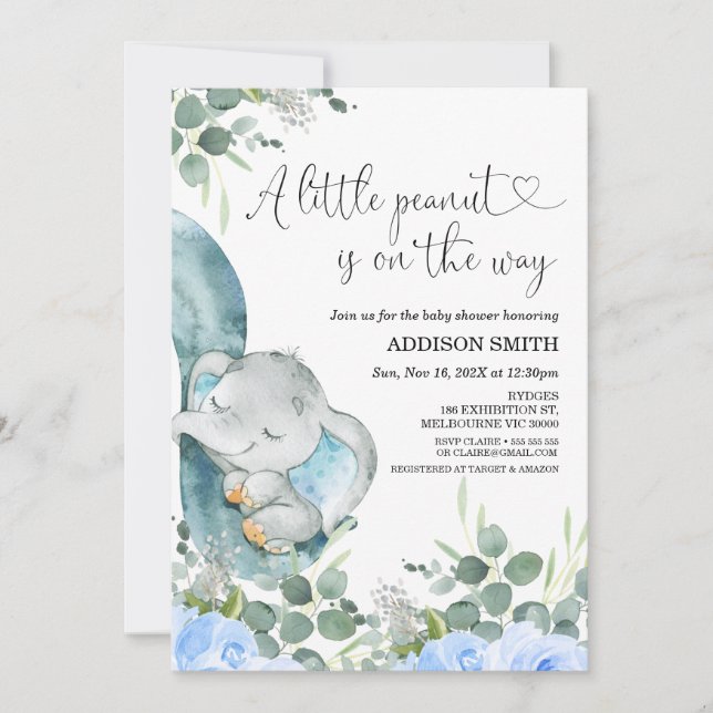 En liten jordnötsduk Blommigt Elephant Baby Shower Inbjudningar (Framsida)