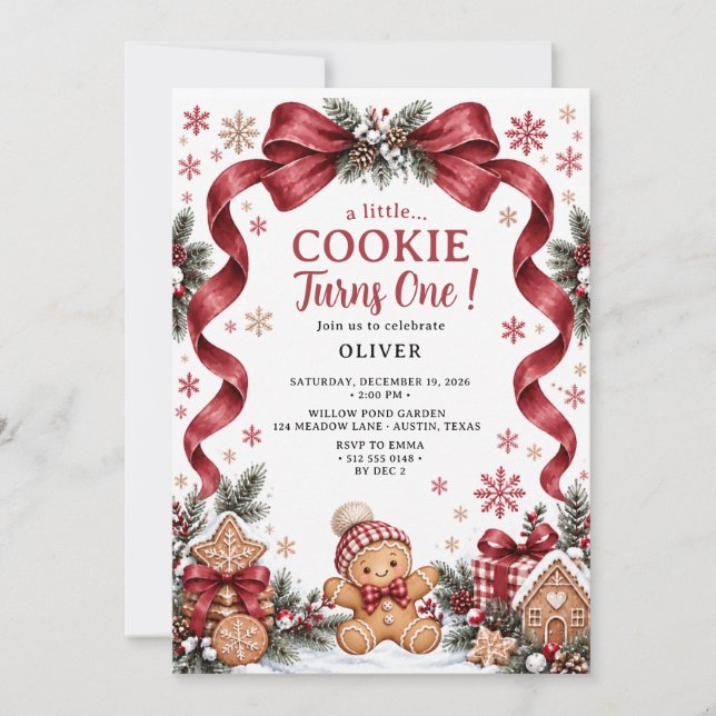 En liten kakor Gingerbread Bow Första födelsedag Inbjudningar (Framsida)