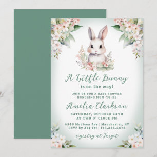 En liten kanin Mjuk grön och blomstergos baby show Inbjudningar