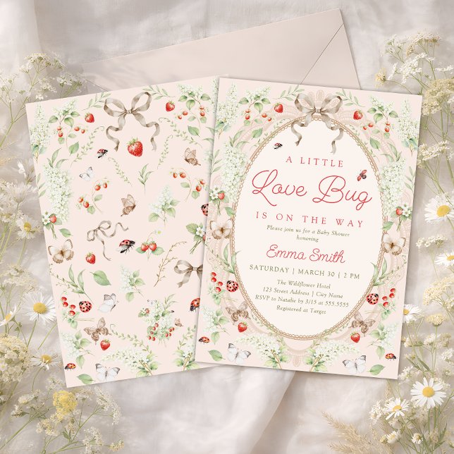 En liten kärleksbugs jordgubbsblommig baby shower inbjudningar (Skapare uppladdad)
