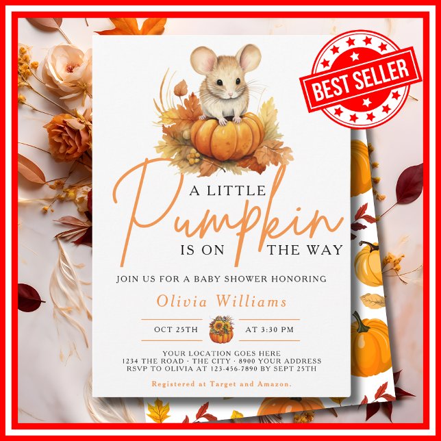 En liten knumpkin Fall Autumn MUSE Baby Shower Inbjudningar (A Little Pumpkin is on the Way Fall Autumn CUTE MOUSE Baby Shower Invitation)