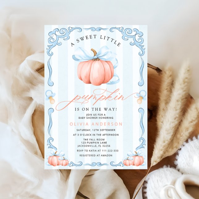 En liten knumpkin Fall Blue Bow Baby Shower Inbjudningar (Skapare uppladdad)