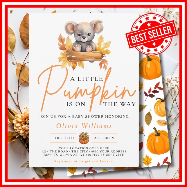En liten knumpkin hösten KOALA Baby Shower Inbjudningar (A Little Pumpkin is on the Way Fall Autumn CUTE KOALA BEAR Baby Shower Invitation)