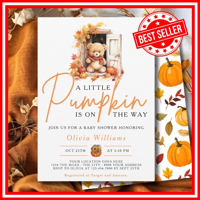 En liten knumpkin hösthöstkUTE BAR-babystövel Inbjudningar (A Little Pumpkin is on the Way Fall Autumn CUTE BEAR Baby Shower Invitation)