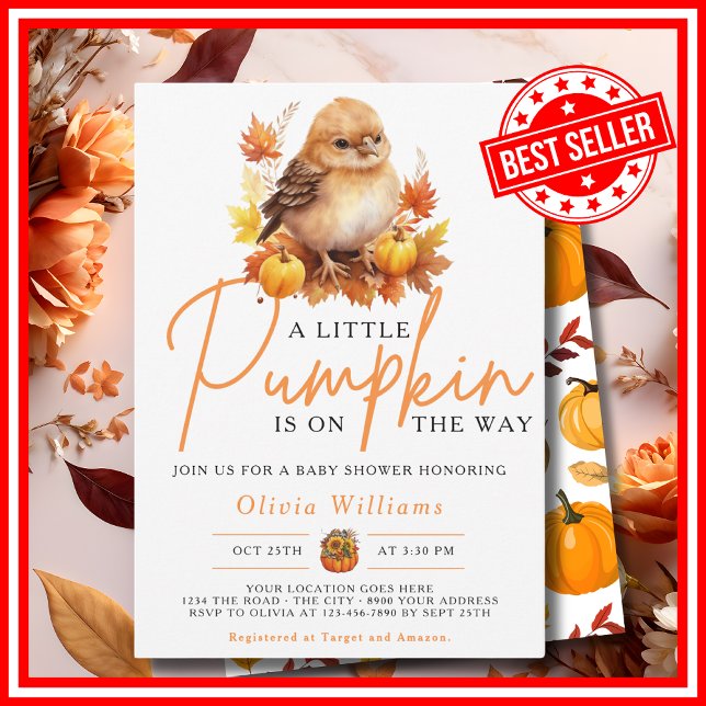 En liten knumpkin sjunker hösthöstkUTE, babystövel Inbjudningar (A Little Pumpkin is on the Way Fall Autumn CUTE BIRD Baby Shower Invitation)