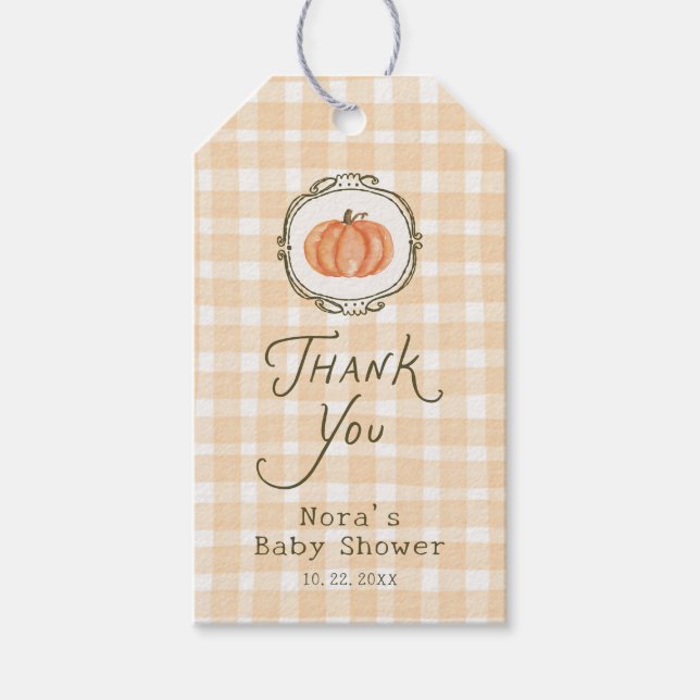 En liten knumpkin Whimsical Gingham Baby Shower Presentetikett (Framsidan)