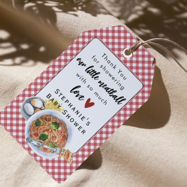 En liten köttbulle är på väg Röd Baby Shower Presentetikett (Skapare uppladdad)