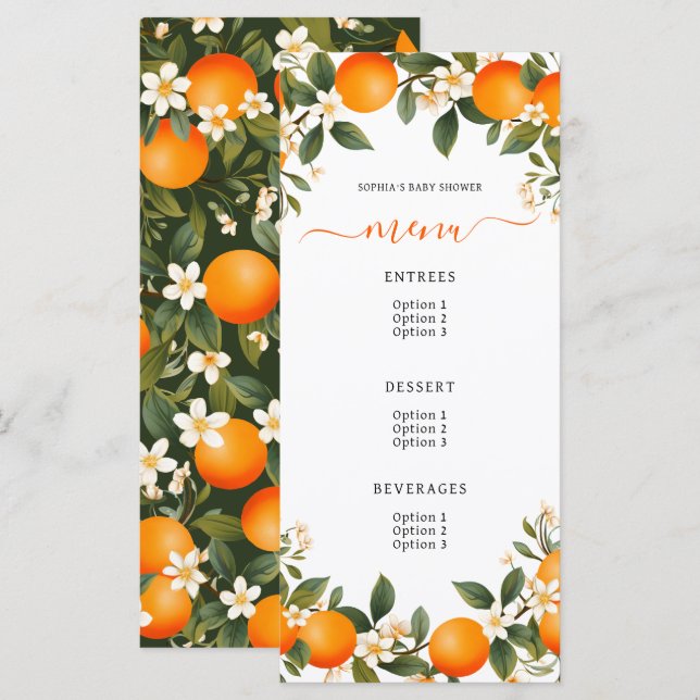 En liten kutie är på väg mot Tangerine Baby Shower Meny (Fram/baksida)