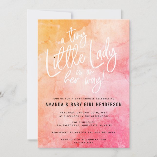 En liten liten dam-babyshower (rosa/orange) inbjudningar (Framsida)