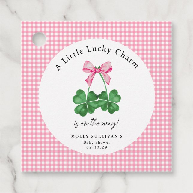En liten lucky Charm Shamrock Baby Shower Gåvor Etiketter (Framsida)