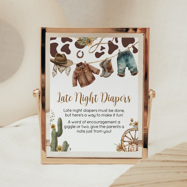 En liten nattdräkt, babyskor sen natt poster (A Little Cowboy Baby Shower Late Night Diapers Sign)