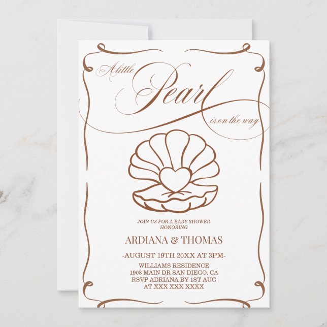 En liten pärla Handritad baby shower  Inbjudningar (Framsida)