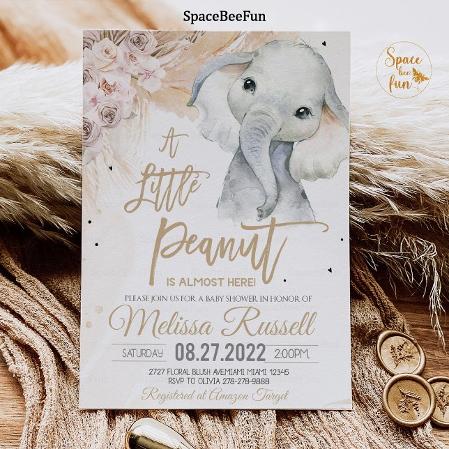 En liten Peanut Elephant babydusch Boho Safari Inbjudningar (Safari invites,Elephant invite,boho Baby Shower,Invitation,Girl Safari,Elephant Invites,A little pea)