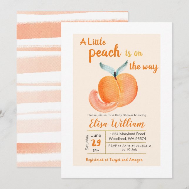 En liten persika är på vägen inbjudan (Fram/baksida)