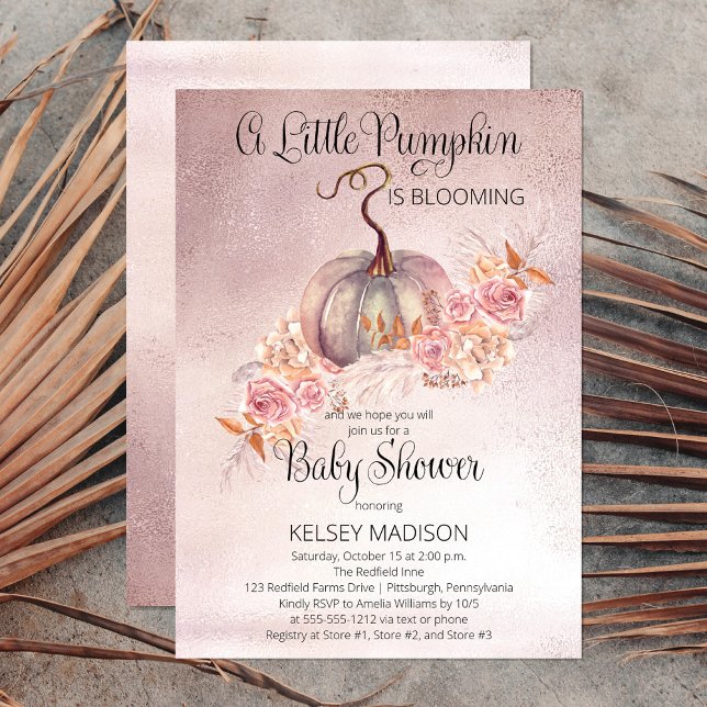 En liten pipa blåser Rosa Babyskåda Inbjudningar (Sweet "A Little Pumpkin Is Blooming" Fall Baby Shower perfect for celebrating baby's pending arrival)