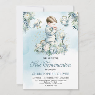 En liten pojke ber om Formal attire Blue blommigt Inbjudningar