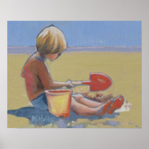 En liten pojke som leker i sanden med en shovel poster