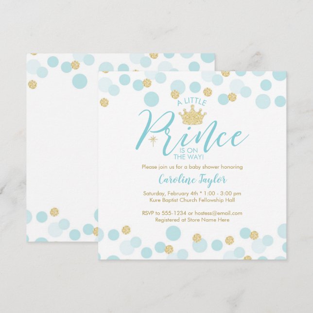 En liten prins Baby Shower Blue Guld Glitter Inbjudningar (Fram/baksida)