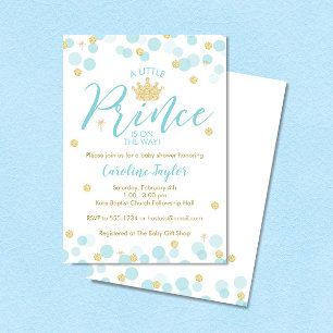 En liten prins Baby Shower Blue Guld Glitter Inbjudningar