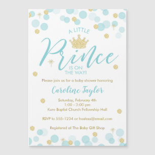 En liten prins Baby Shower Blue Guld Glitter Magnetisk Inbjudningskort