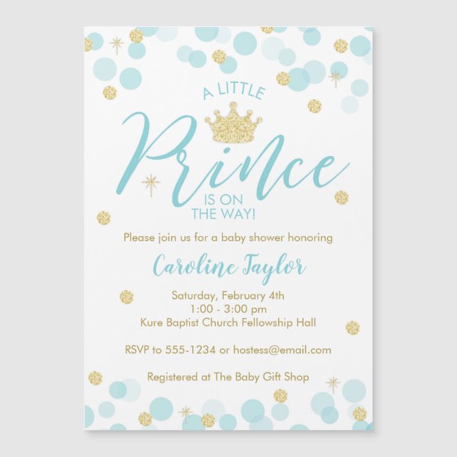 En liten prins Baby Shower Blue Guld Glitter Magnetisk Inbjudningskort (Framsida)