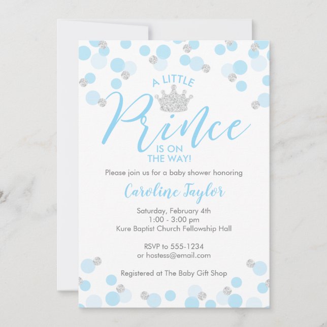 En liten prins Baby Shower Blue Silver Glitter Inbjudningar (Framsida)