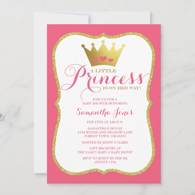 En liten prinsessa Baby Shower Rosa och Guld Inbjudningar (Framsida)