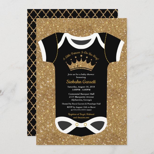 En liten prinsessa Black & Royal Guld Baby Shower Inbjudningar (Fram/baksida)