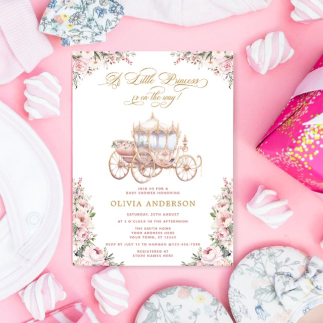 En liten prinsessa Carriage Rosa Blommigt Baby Sho Inbjudningar (Skapare uppladdad)