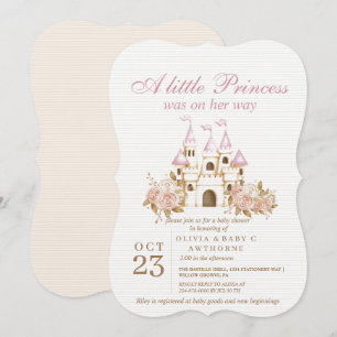 En liten prinsessa rosa guld slott baby shower inbjudningar