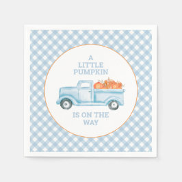 En liten pumpa är på väg blå lastbil baby shower pappersservett