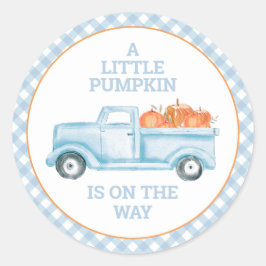 En liten pumpa är på väg blå lastbil baby shower runt klistermärke