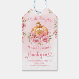 En liten pumpa är på väg mot rosa och guld flicka presentetikett