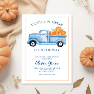 En liten pumpa baby shower blå lastbil inbjudan