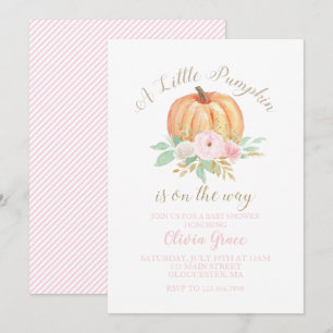 En liten pumpa baby shower blommande rosa ränder inbjudningar