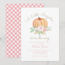 En liten pumpa baby shower blommig och rosa rutig